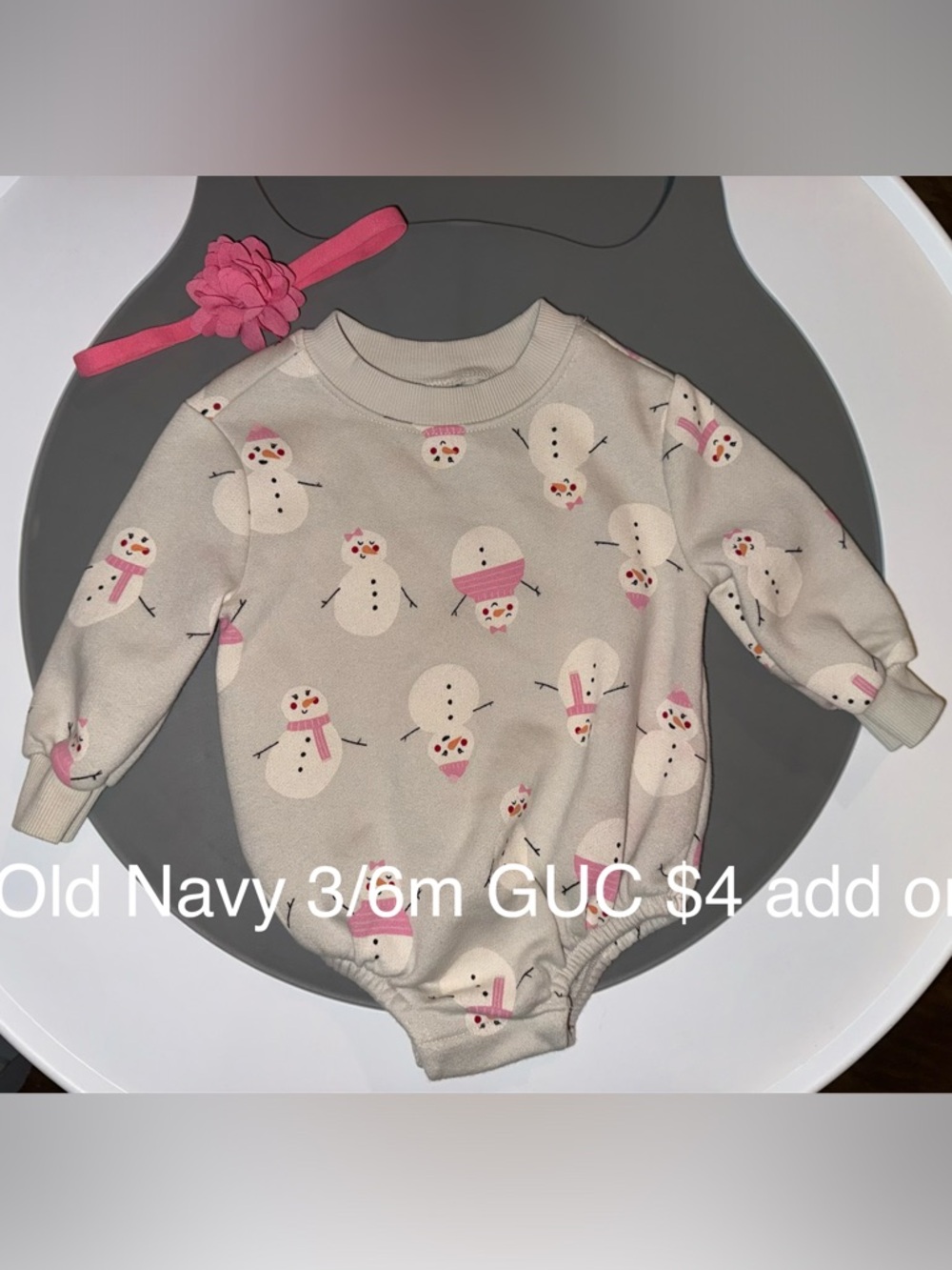 Old Navy Cream Snowman Print Baby Romper Sweater Bubble with Pink Accents